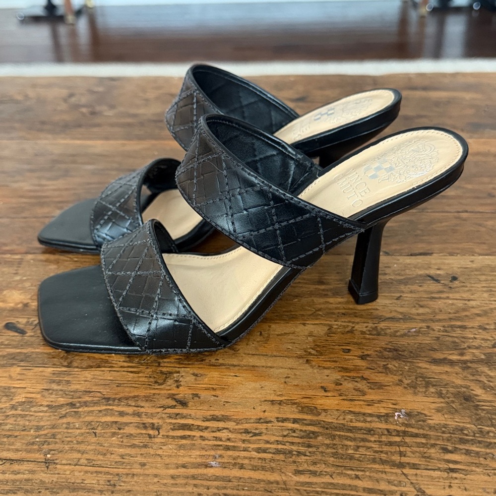 Vince Camuto Black Quilted Leather Double Strap Heeled Sandals